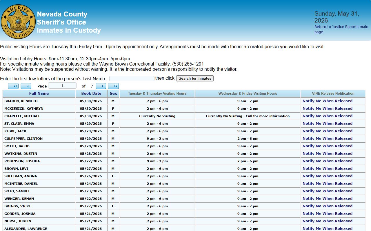 Nevada County in-custody roster linked for Sierra County inmate searches