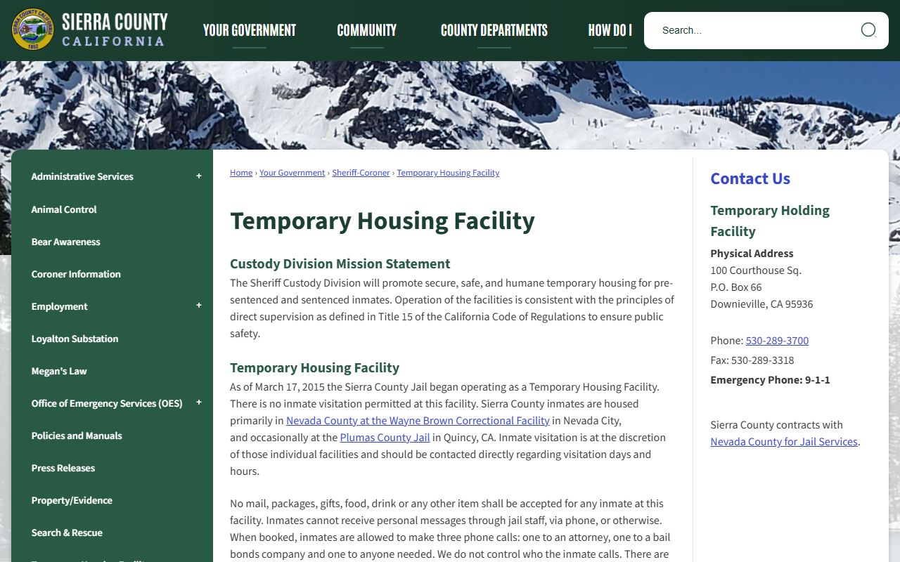 Sierra County temporary holding inmate population information