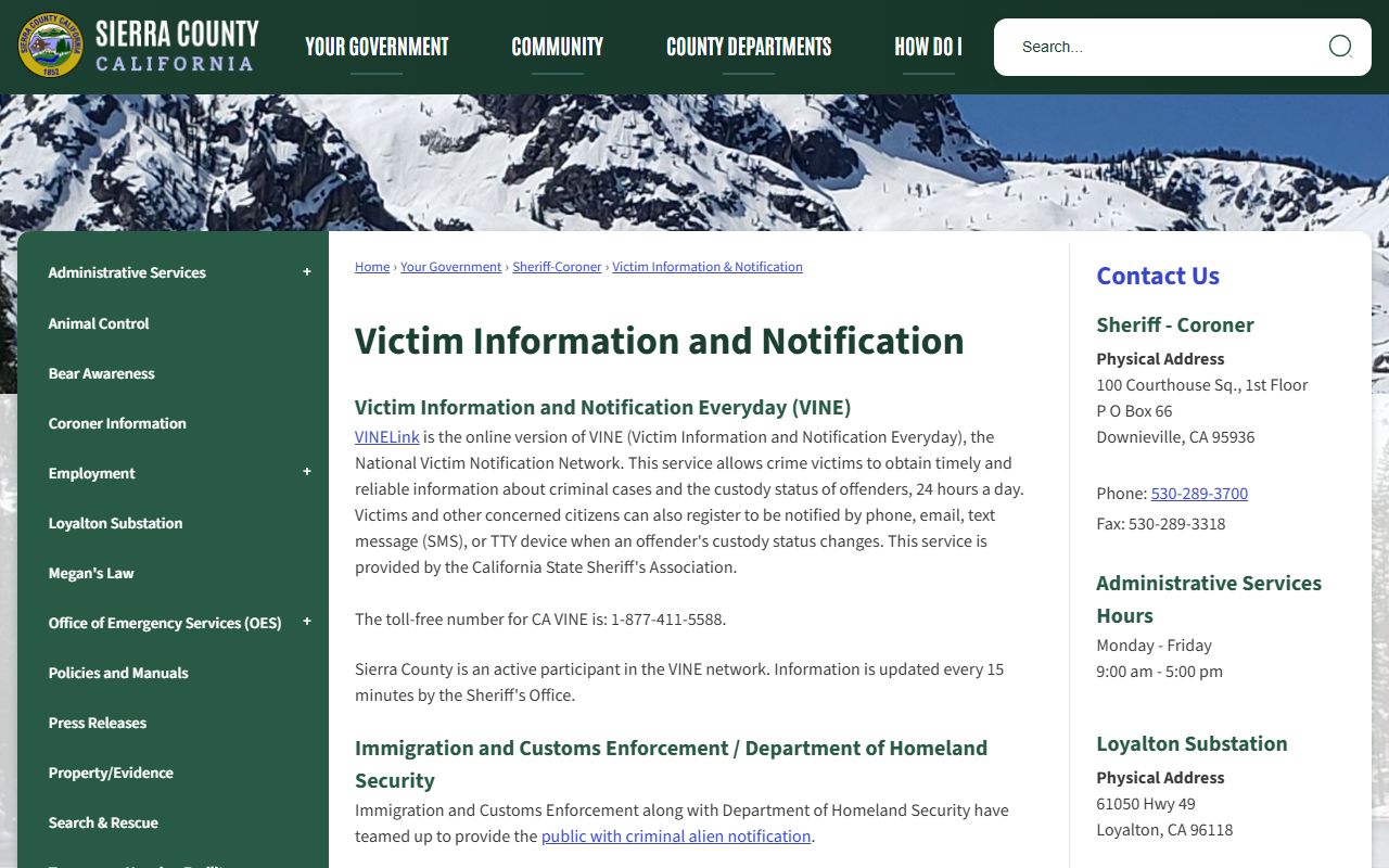 Sierra County inmate population VINE notification information